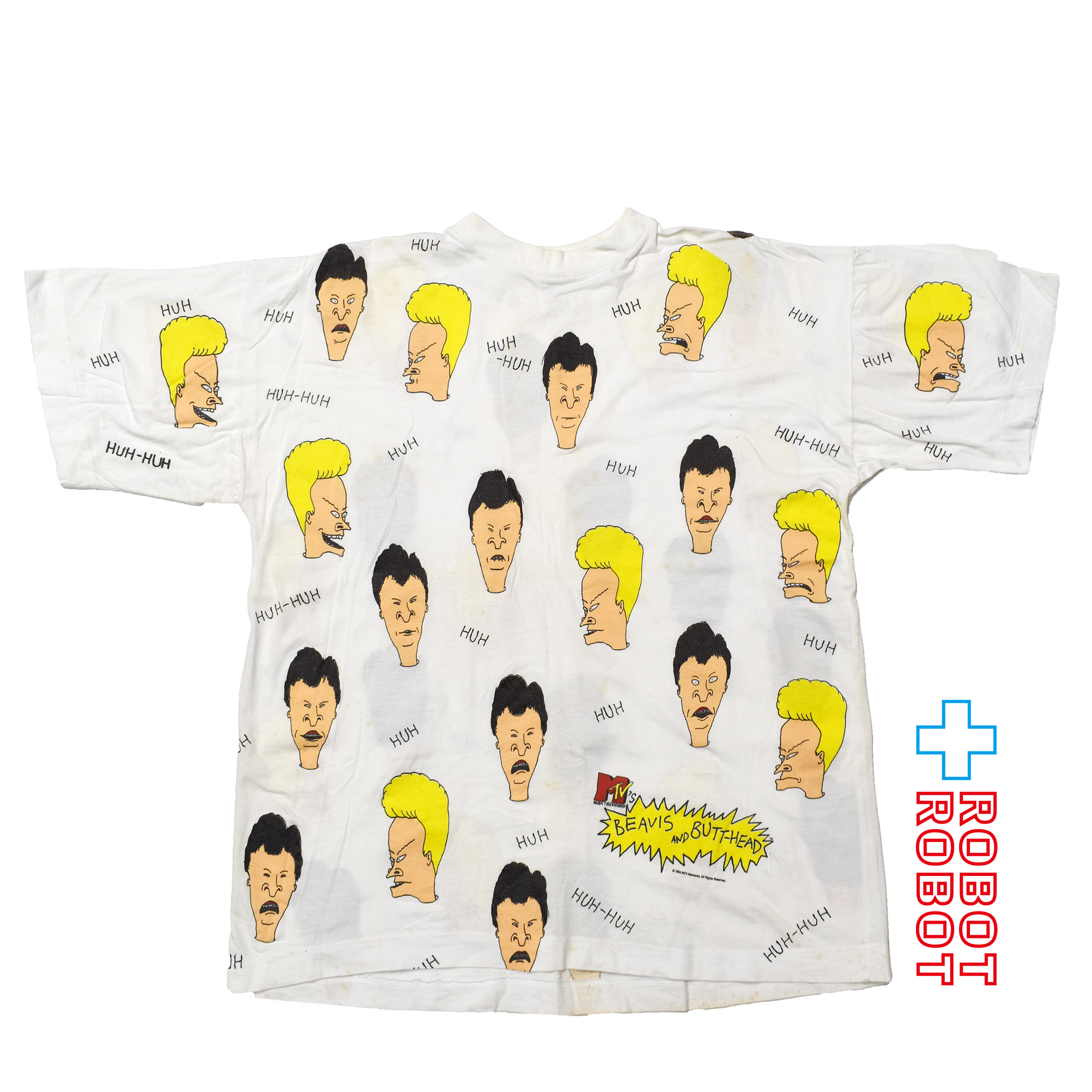 ブライト・グリーン ビーバス & バットヘッド MTV "HUH" 総柄 Tシャツ ホワイト XLサイズ 入荷写真