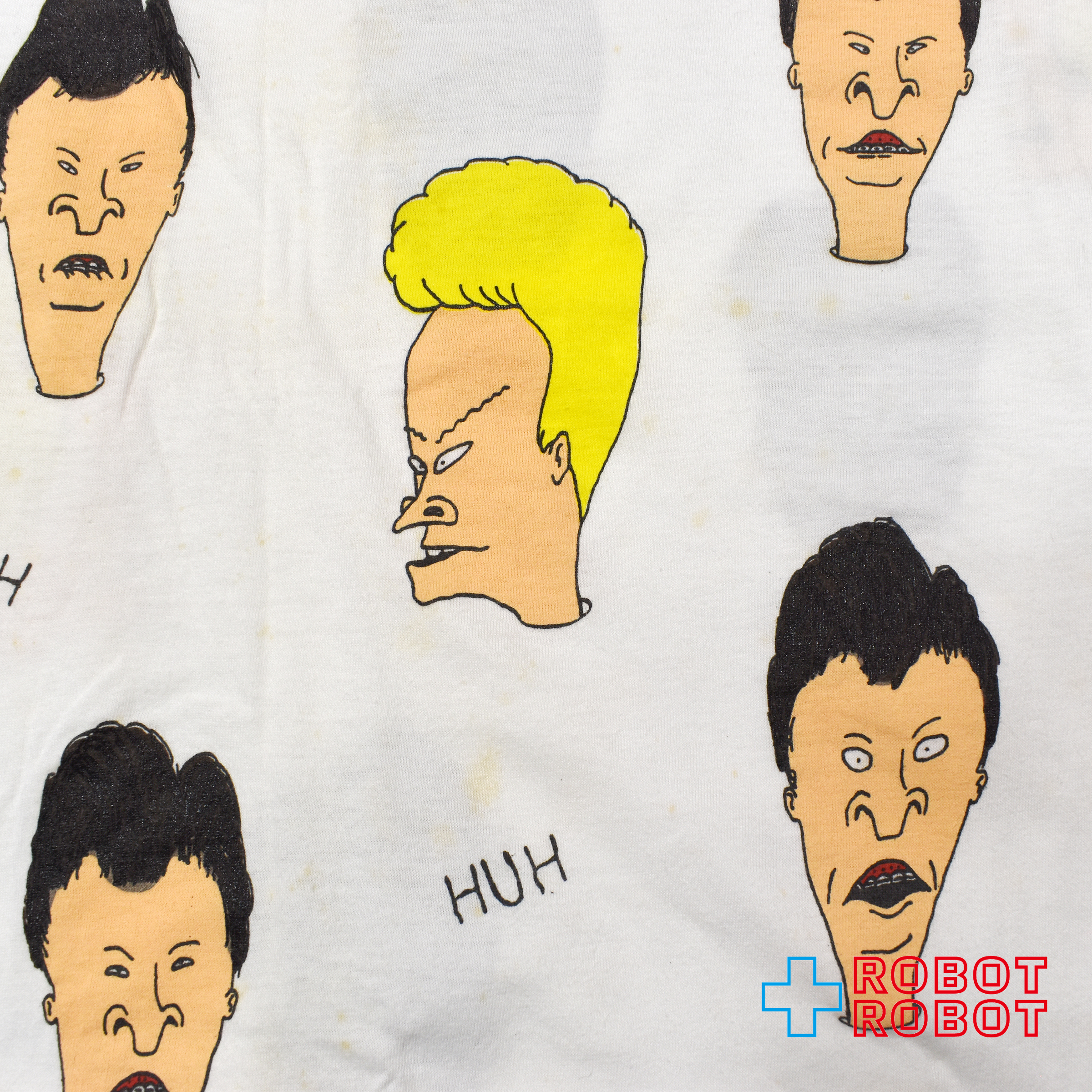 ブライト・グリーン ビーバス & バットヘッド MTV "HUH" 総柄 Tシャツ ホワイト XLサイズ 入荷写真