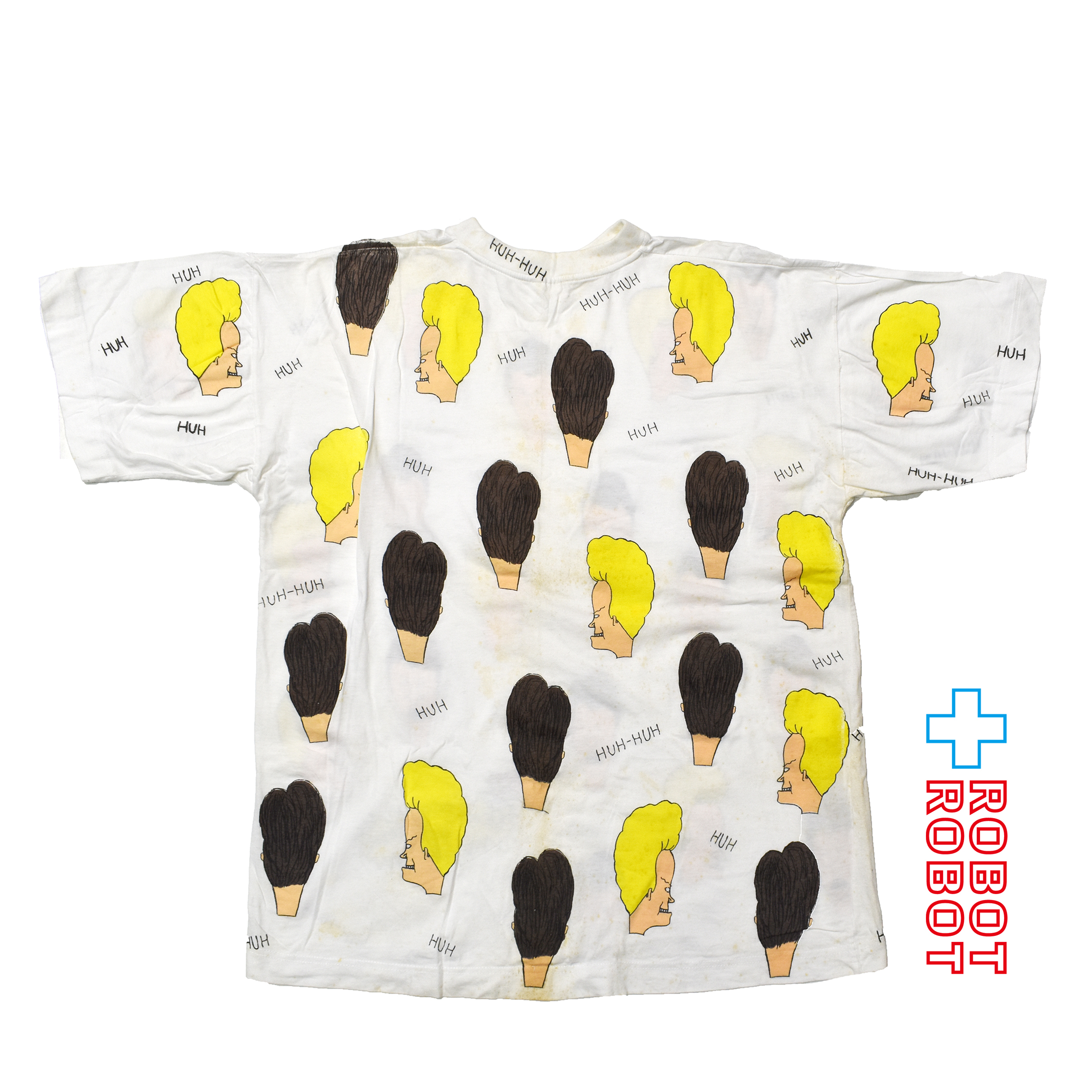 ブライト・グリーン ビーバス & バットヘッド MTV "HUH" 総柄 Tシャツ ホワイト XLサイズ 入荷写真
