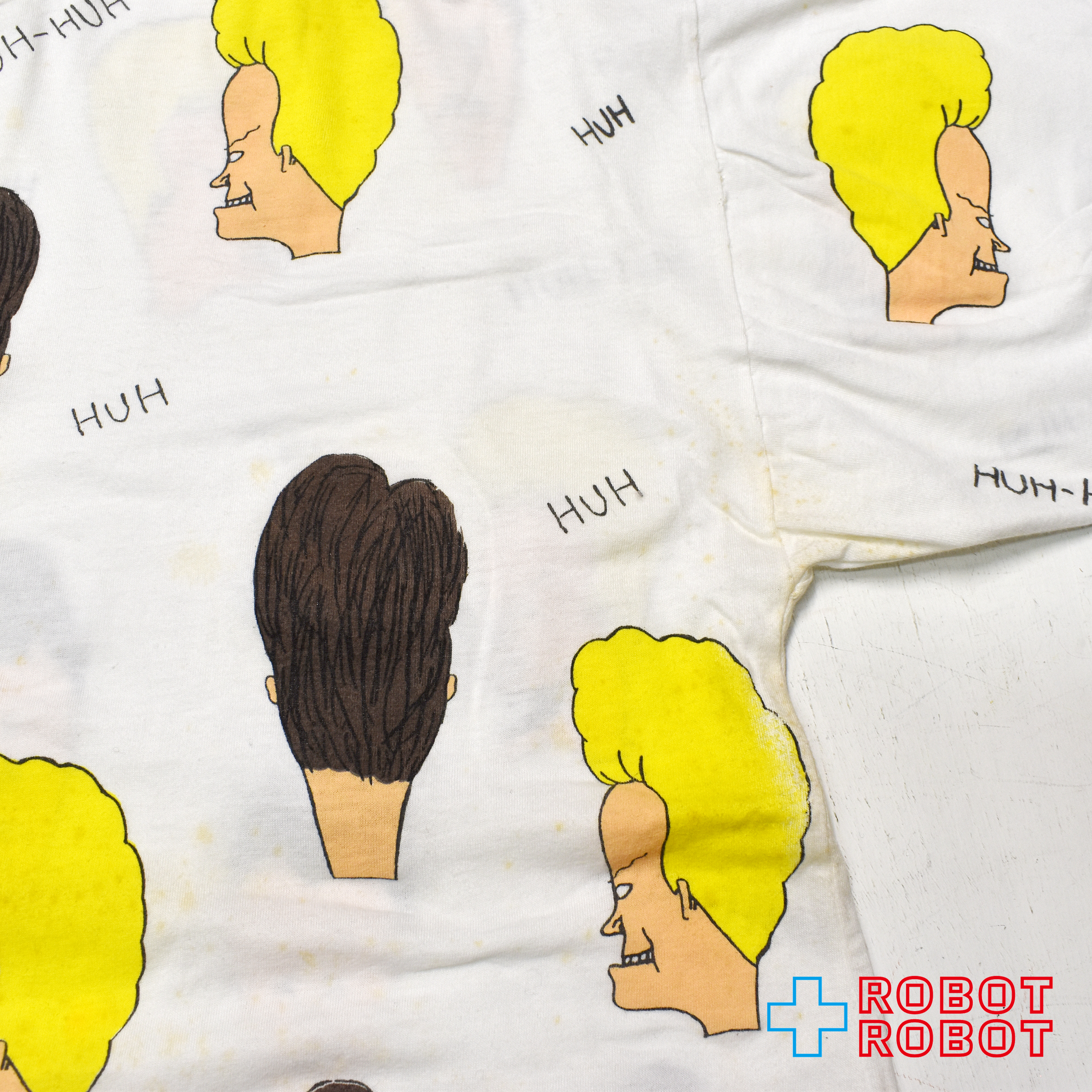 ブライト・グリーン ビーバス & バットヘッド MTV "HUH" 総柄 Tシャツ ホワイト XLサイズ 入荷写真