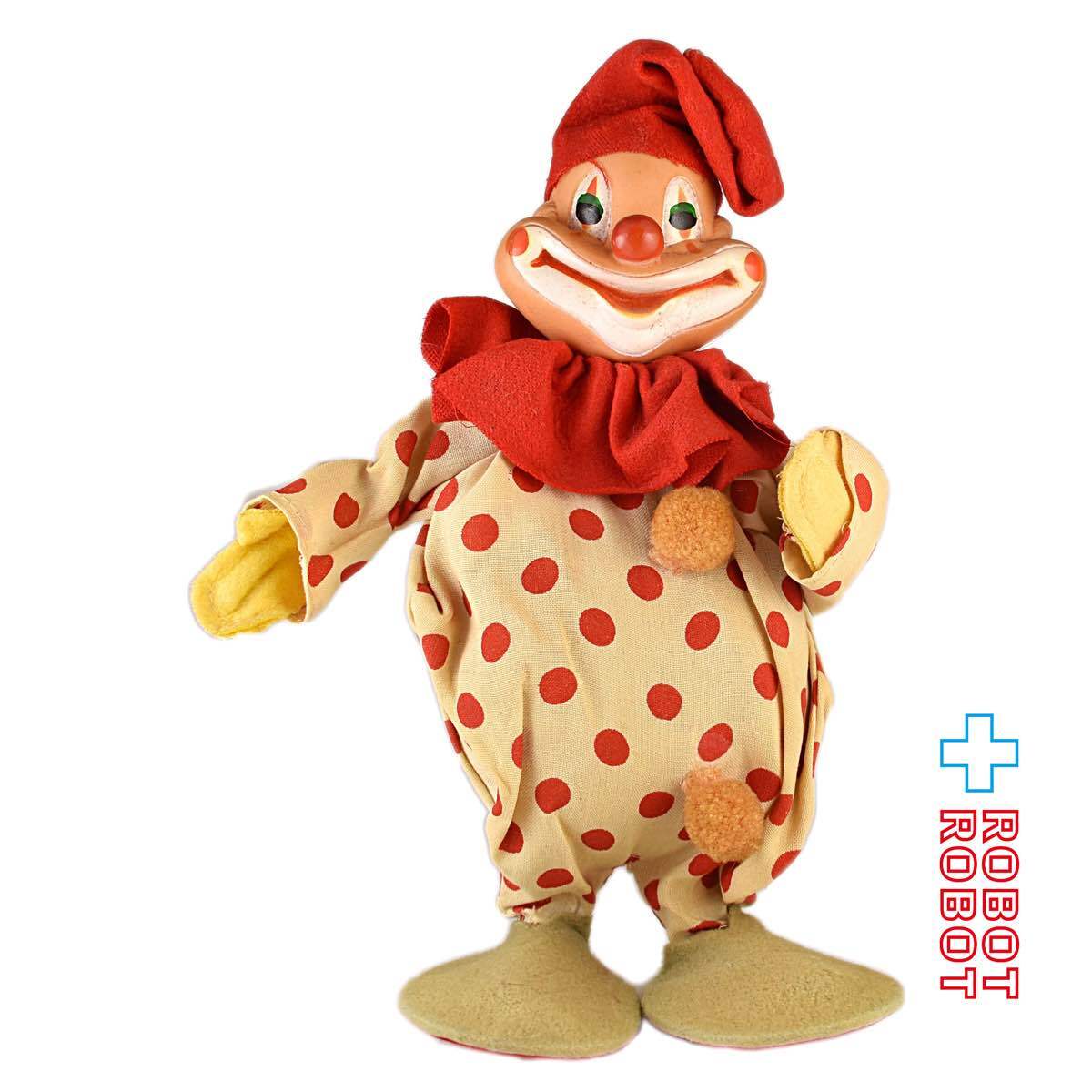 ピエロ 人形 ソフビ顔フェルト服 白に赤の水玉のズボン 入荷写真